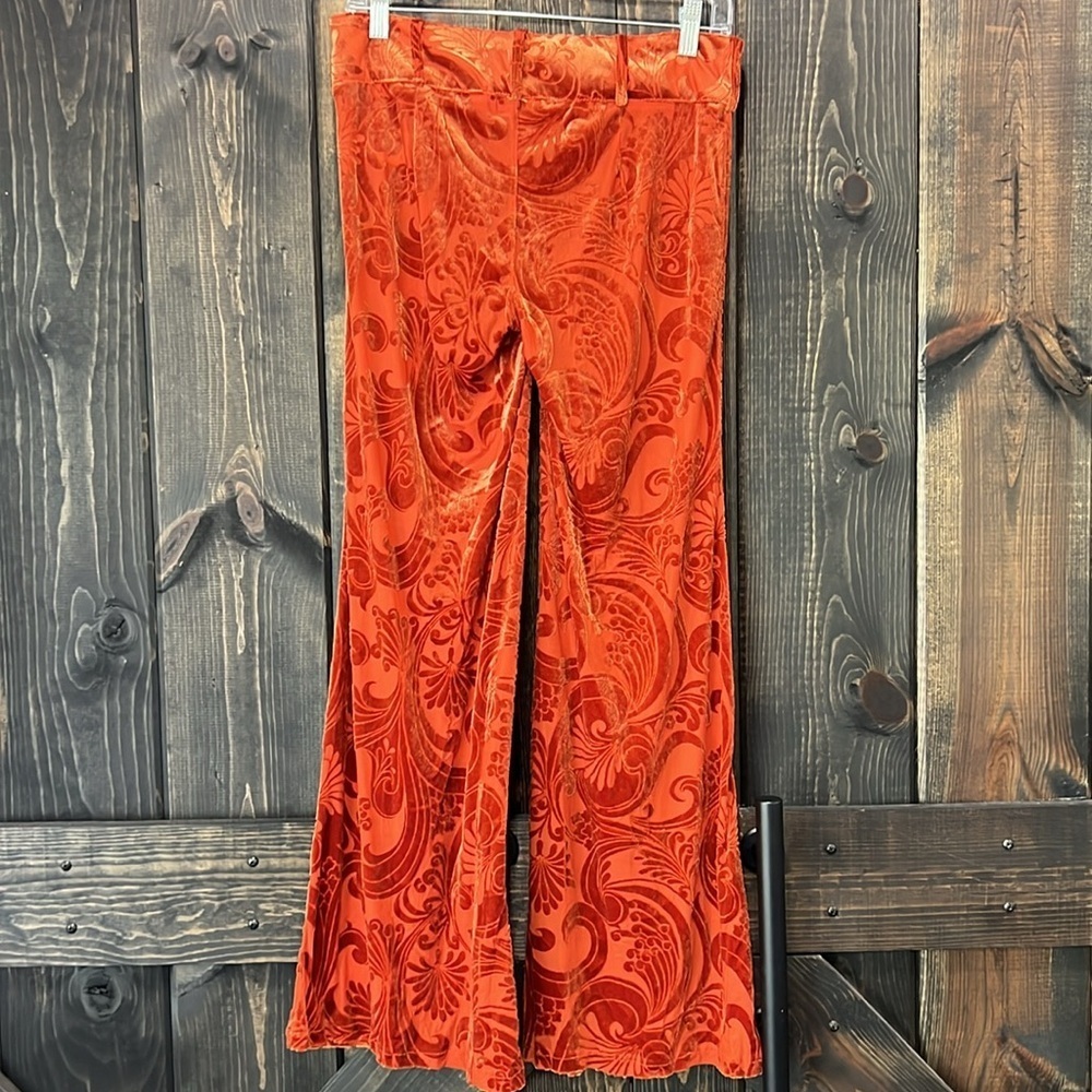 Urban Outfitters Isla Velvet Burnout Flare Pants 2 Orange Paisley Festival Boho